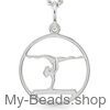 Zilveren hanger met collier van een gymnaste die bij een wedstrijd een gymnastiek vloer oefening doet op de evenwichtsbalk. 
Mooi cadeau voor kerstmis.