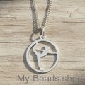 Silver necklace with a silver pendant depicting a cut-out silhouette of a gymnast in a standing split.
Gift idea Christmas Birthday