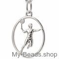 Zilveren badminton hanger MB428 van 925 sterling zilver met vrouwelijke badmintonspeler, racket en shuttle