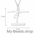 Afmetingen van deze hanger. Zilveren hanger met collier van een gymnaste die bij een wedstrijd een gymnastiek vloer oefening doet op de evenwichtsbalk.