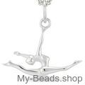 Zilveren hanger met gymnaste die een ritmische gymnastiek spagaatsprong op de vloer uitvoert tijdens een wedstrijd.  
Mooi cadeau voor verjaardag of kerstmis.