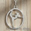Silver pendant of a gymnast performing an artistic gymnastics routine on the floor during a competition.
Beautiful gift for birthdays and Christmas.