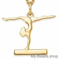 Gold plated zilveren hanger met een gold plated zilveren collier van een gymnaste die een oefening doet op de evenwichtsbalk. 
Mooi cadeau voor verjaardag.