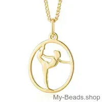 Gold plated zilveren hanger van een gymnaste die een oefening op vloer uitvoert tijdens een wedstrijd.  
Mooi cadeau voor verjaardag of wedstrijd.