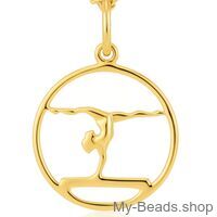 Gold plated zilveren hanger met een gold plated zilveren collier van een gymnaste die een oefening doet op de evenwichtsbalk. 
Mooi cadeau voor verjaardag.