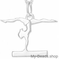 Zilveren hanger met collier van een gymnaste die bij een wedstrijd een gymnastiek vloer oefening doet op de evenwichtsbalk. 
Mooi cadeau voor verjaardag.