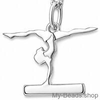 Zilveren hanger met collier van een gymnaste die bij een wedstrijd een gymnastiek vloer oefening doet op de evenwichtsbalk. 
Mooi cadeau voor verjaardag.