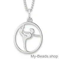 Zilveren hanger van een gymnaste die een artistieke gymnastiek oefening op toestel vloer uitvoert tijdens een wedstrijd.  
Mooi cadeau voor verjaardag.
