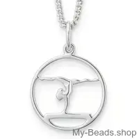 Zilveren hanger met collier van een gymnaste die bij een wedstrijd een gymnastiek vloer oefening doet op de evenwichtsbalk. 
Mooi cadeau voor verjaardag.