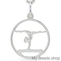Silver pendant with necklace featuring a gymnast performing a floor exercise on the balance beam at a competition.
A beautiful birthday gift.