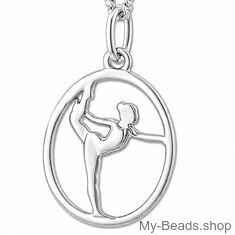 Zilveren hanger van een gymnaste die een artistieke gymnastiek oefening op toestel vloer uitvoert tijdens een wedstrijd.  
Mooi cadeau voor verjaardag.