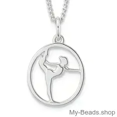 Zilveren hanger van een gymnaste die een artistieke gymnastiek oefening op toestel vloer uitvoert tijdens een wedstrijd.  
Mooi cadeau voor verjaardag.