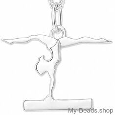 Zilveren hanger met collier van een gymnaste die bij een wedstrijd een gymnastiek vloer oefening doet op de evenwichtsbalk. 
Mooi cadeau voor verjaardag.