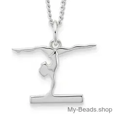 Zilveren hanger met collier van een gymnaste die bij een wedstrijd een gymnastiek vloer oefening doet op de evenwichtsbalk. 
Mooi cadeau voor verjaardag.
