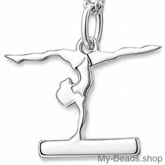 Zilveren hanger met collier van een gymnaste die bij een wedstrijd een gymnastiek vloer oefening doet op de evenwichtsbalk. 
Mooi cadeau voor verjaardag.