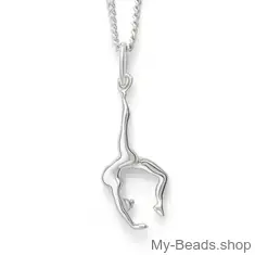 Zilveren hanger van een gymnaste die een handstand of bruggetje uitvoert tijdens gymnastiek wedstrijd. Hanger in 3-D. 
Mooi cadeau voor verjaardag of wedstrijd.