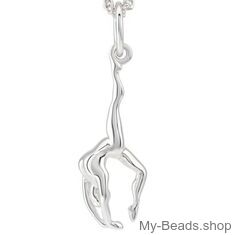 Zilveren hanger van een gymnaste die een handstand of bruggetje uitvoert tijdens gymnastiek wedstrijd. Hanger in 3-D. 
Mooi cadeau voor verjaardag of wedstrijd.