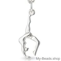 Zilveren hanger van een gymnaste die een handstand of bruggetje uitvoert tijdens gymnastiek wedstrijd. Hanger in 2-D. 
Mooi cadeau voor verjaardag of Kerstmis.