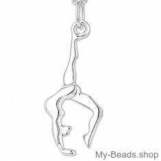Zilveren sport hanger van een gymnaste die een handstand of bruggetje uitvoert tijdens gymnastiek wedstrijd. Hanger in 2-D. 
Mooi cadeau voor verjaardag of Kerstmis.