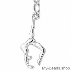 Zilveren sporthanger van een gymnaste die een handstand of bruggetje uitvoert tijdens gymnastiek wedstrijd. Hanger in 2-D. 
Mooi cadeau voor verjaardag of Kerstmis.