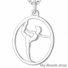 Zilveren sport hanger van een gymnaste die een artistieke gymnastiek oefening op toestel vloer uitvoert tijdens een wedstrijd.  
Mooi cadeau voor verjaardag.