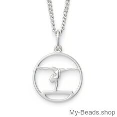 Zilveren hanger met collier van een gymnaste die bij een wedstrijd een gymnastiek vloer oefening doet op de evenwichtsbalk. 
Mooi cadeau voor verjaardag.