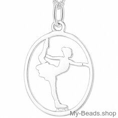Zilveren hanger met collier van een schaatsster die bij een kunstschaatsen wedstrijd een oefening doet op de ijsbaan. 
Mooi cadeau voor verjaardag of kerstmis.