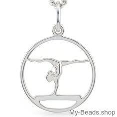 Zilveren hanger met collier van een gymnaste die bij een wedstrijd een gymnastiek vloer oefening doet op de evenwichtsbalk. 
Mooi cadeau voor verjaardag.