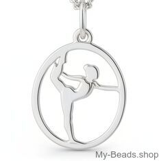 Zilveren hanger van een gymnaste die een artistieke gymnastiek oefening op toestel vloer uitvoert tijdens een wedstrijd.  
Mooi cadeau voor verjaardag.