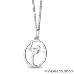 Silberne Halskette mit einem silbernen Anhänger, der die Silhouette einer Turnerin im Spagat darstellt.
Geschenkidee: Weihnachten, Geburtstag