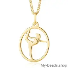 Gold plated zilveren hanger van een gymnaste die een oefening op vloer uitvoert tijdens een wedstrijd.  
Mooi cadeau voor verjaardag of wedstrijd.
