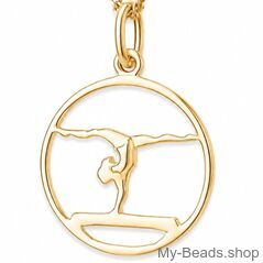 Gold plated zilveren hanger met een gold plated zilveren collier van een gymnaste die een oefening doet op de evenwichtsbalk. 
Mooi cadeau voor verjaardag.