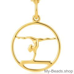 Ciondolo in argento placcato oro raffigurante una ginnasta che esegue un esercizio alla trave.
Un regalo splendido per un compleanno o Natale.