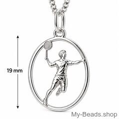 Dimensioni del ciondolo badminton MB428 in argento – giocatrice con racchetta e volano – ca. 19 mm