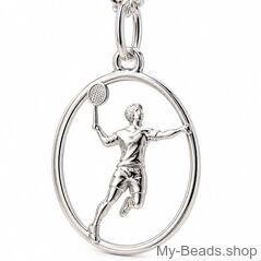 Silberner Badminton-Anhänger MB428 aus 925 Sterling Silber mit Badmintonspielerin, Schläger und Federball