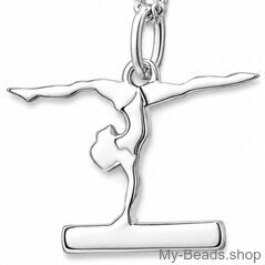 Zilveren hanger met collier van een gymnaste die bij een wedstrijd een gymnastiek vloer oefening doet op de evenwichtsbalk. 
Mooi cadeau voor verjaardag.