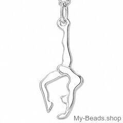 Zilveren sporthanger van een gymnaste die een handstand of bruggetje uitvoert tijdens gymnastiek wedstrijd. Hanger in 2-D. 
Mooi cadeau voor verjaardag of Kerstmis.