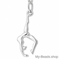 Zilveren sporthanger van een gymnaste die een handstand of bruggetje uitvoert tijdens gymnastiek wedstrijd. Hanger in 2-D. 
Mooi cadeau voor verjaardag of Kerstmis.