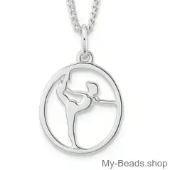 Zilveren hanger van een gymnaste die een artistieke gymnastiek oefening op toestel vloer uitvoert tijdens een wedstrijd.  
Mooi cadeau voor verjaardag.