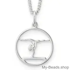 Zilveren hanger met collier van een gymnaste die bij een wedstrijd een gymnastiek vloer oefening doet op de evenwichtsbalk. 
Mooi cadeau voor verjaardag.