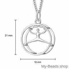 Silver pendant featuring a gymnast performing a wheel gymnastics exercise during a competition.
A beautiful gift for a birthday or Christmas.