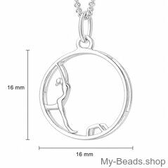Sterling silver pendant featuring a gymnast performing a wheel gymnastics exercise during a competition.
A beautiful gift for a birthday or Christmas.