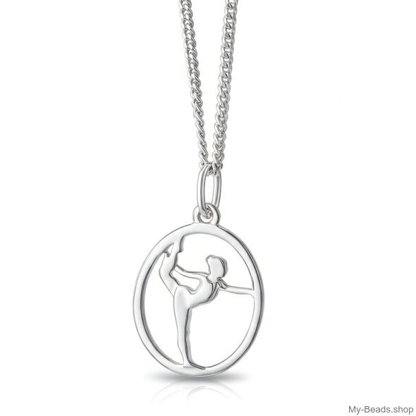 Silver necklace with a silver pendant depicting a cut-out silhouette of a gymnast in a standing split.
Gift idea Christmas Birthday
