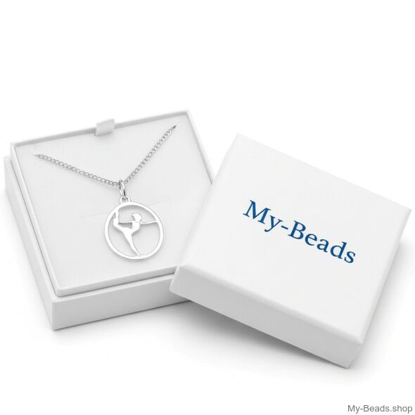 Silver necklace with a silver pendant depicting a cut-out silhouette of a gymnast in a standing split.
Gift idea Christmas Birthday