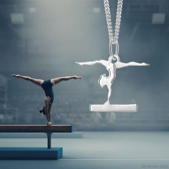 Silberne Halskette mit einem silbernen Anhänger, der eine Turnerin im Handstand auf dem Schwebebalken zeigt.
Geschenkidee: Weihnachten, Geburtstag