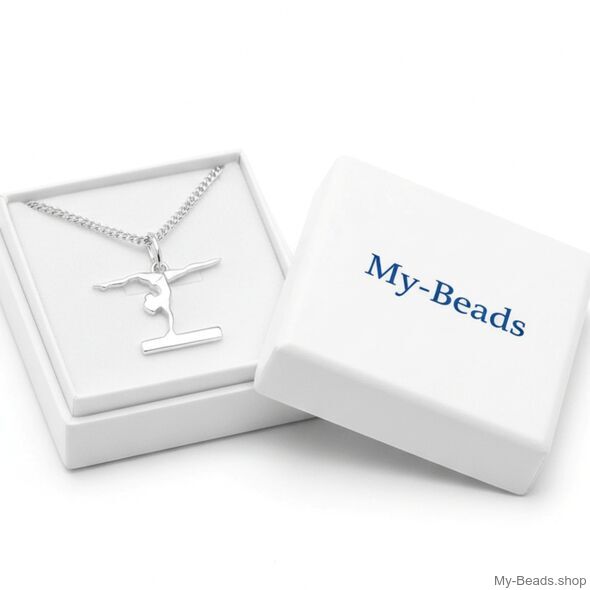 Silberne Halskette mit einem silbernen Anhänger, der eine Turnerin im Handstand auf dem Schwebebalken zeigt.
Geschenkidee: Weihnachten, Geburtstag