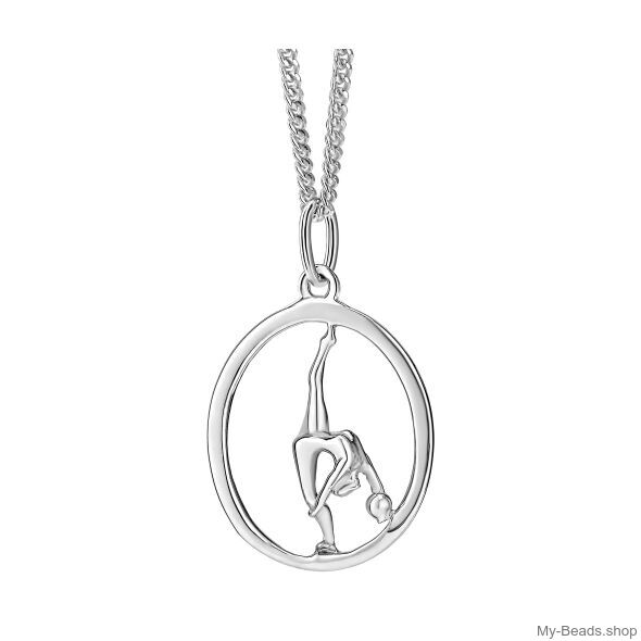 Zilveren hanger met gymnaste die een ritmische gymnastiek oefening met bal op de vloer uitvoert tijdens een wedstrijd.  
Mooi cadeau voor verjaardag of kerstmis.