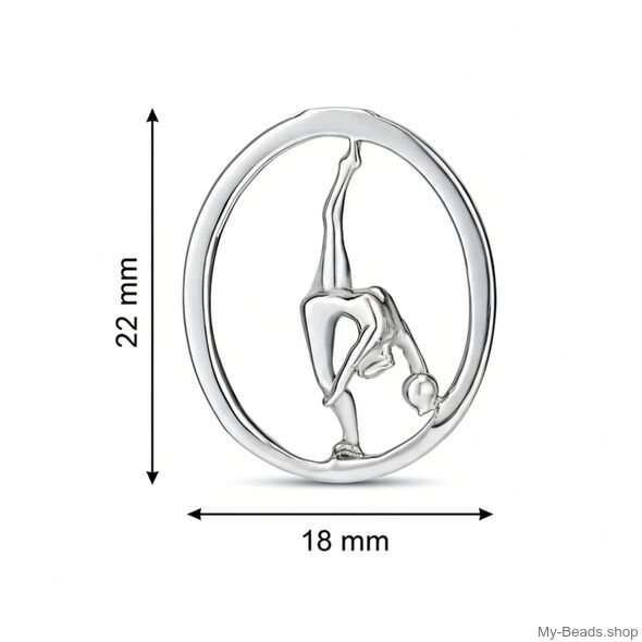 Afmeting. Zilveren hanger met gymnaste die een ritmische gymnastiek oefening met bal op de vloer uitvoert tijdens een wedstrijd.  
Mooi cadeau.