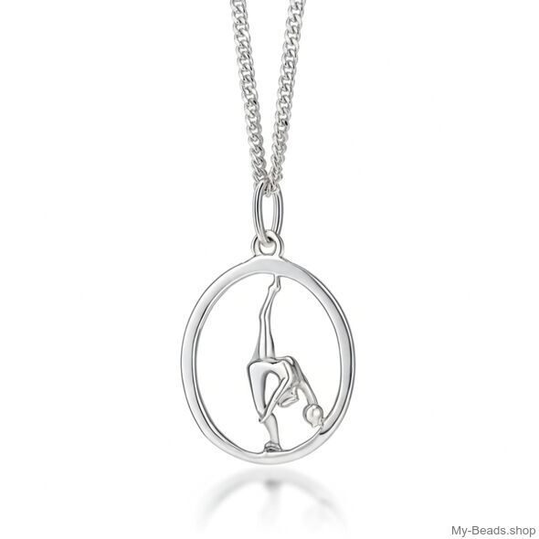 Zilveren hanger met gymnaste die een ritmische gymnastiek oefening met bal op de vloer uitvoert tijdens een wedstrijd.  
Mooi cadeau voor verjaardag of kerstmis.