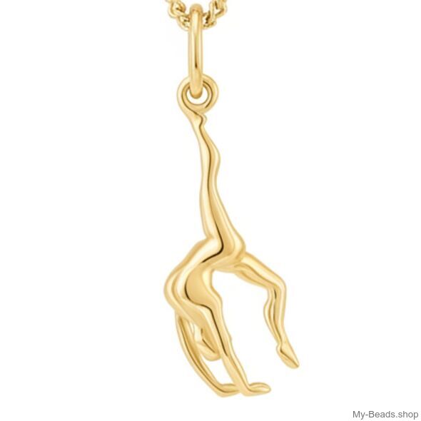 Gold plated zilveren hanger van een gymnaste die een handstand of bruggetje uitvoert. Hanger in 3-D. 
Mooi cadeau voor verjaardag of wedstrijd.